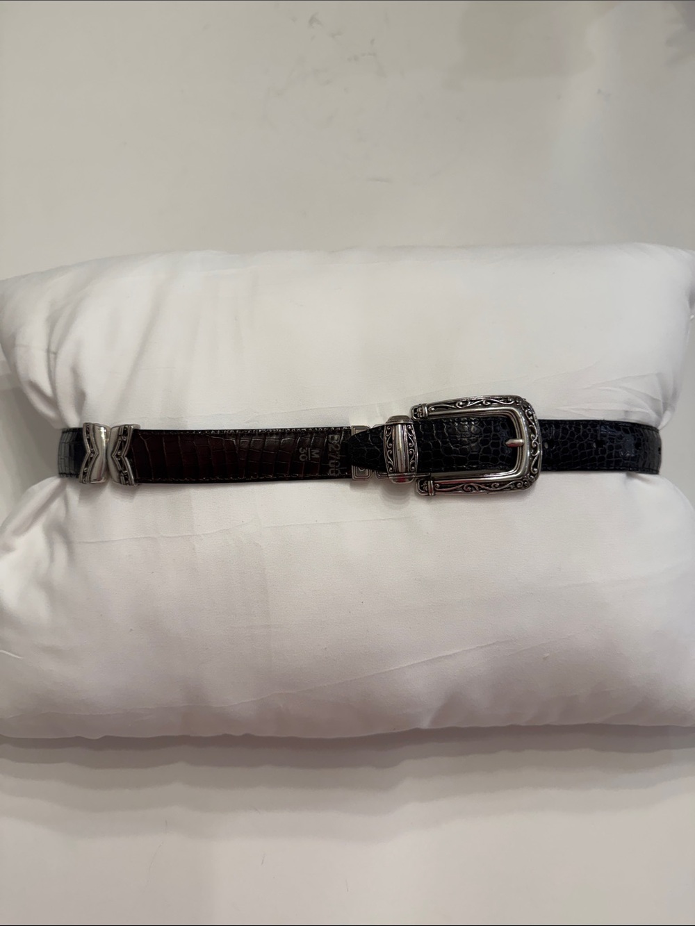 Vintage Brighton Reversible Croc-Embossed Leather Belt w/Ornate Silver Buckle